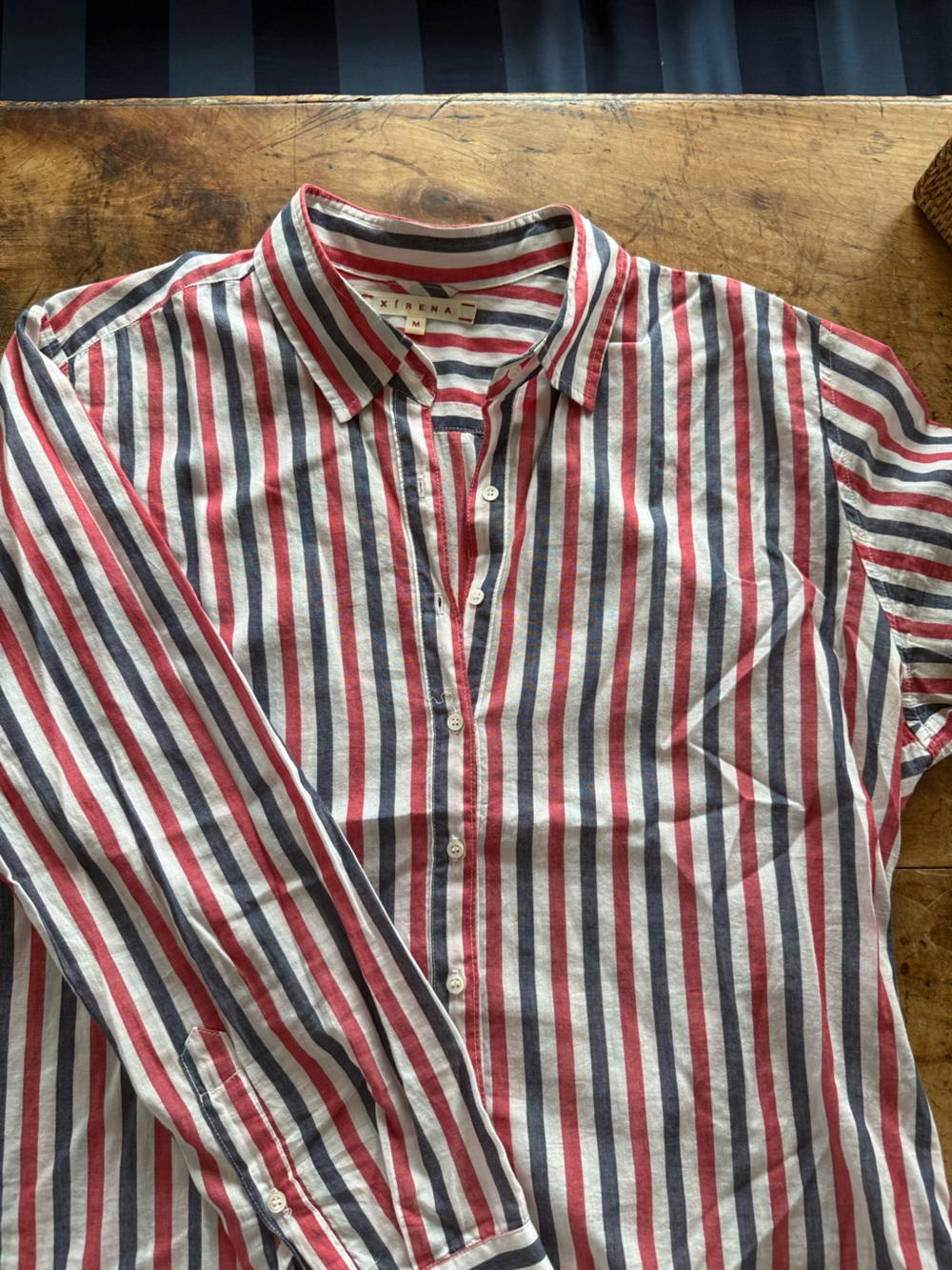 Xirena Woman’s Red, Navy & White Striped Button-Up Shirt
